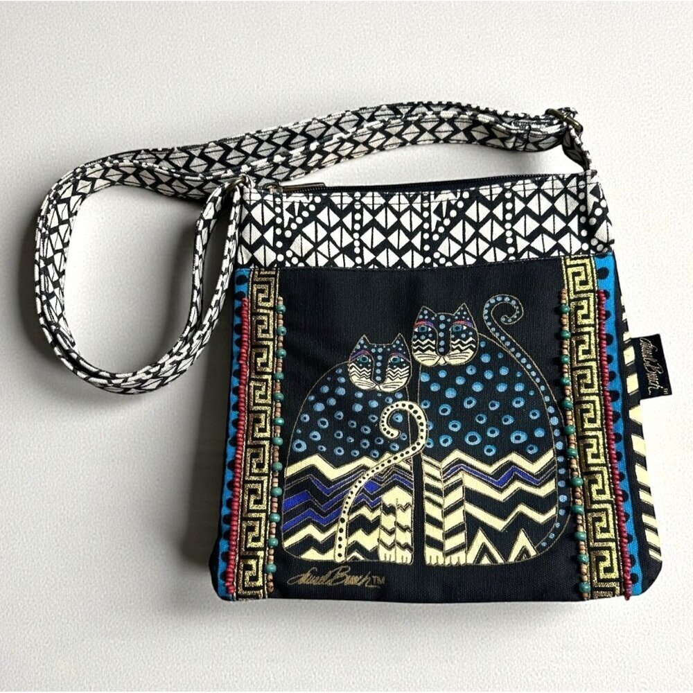 Laurel Burch Beaded Canvas Cat Print Crossbody Bag Black/Multicolor